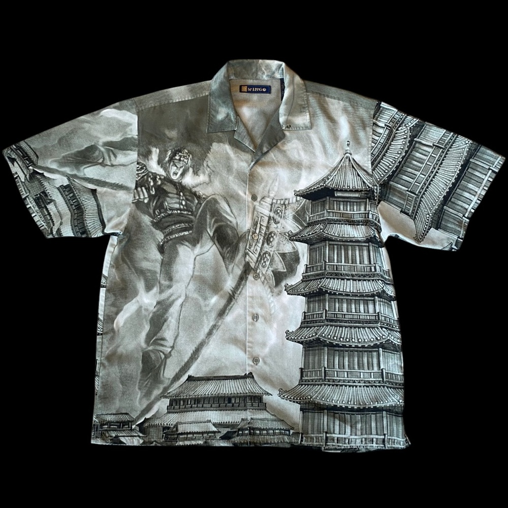 Y2K 00s Wingo Anime Graphic Japan Pagoda Button Down Shirt AOP Polyester Mens XL